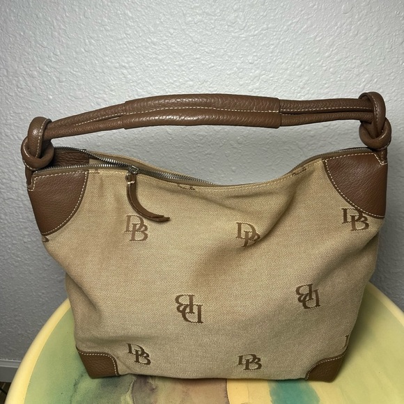 Dooney & Bourke Tan Canvas Brown Leather Knotted Strap Hobo Shoulder Bag Purse - Picture 3 of 10